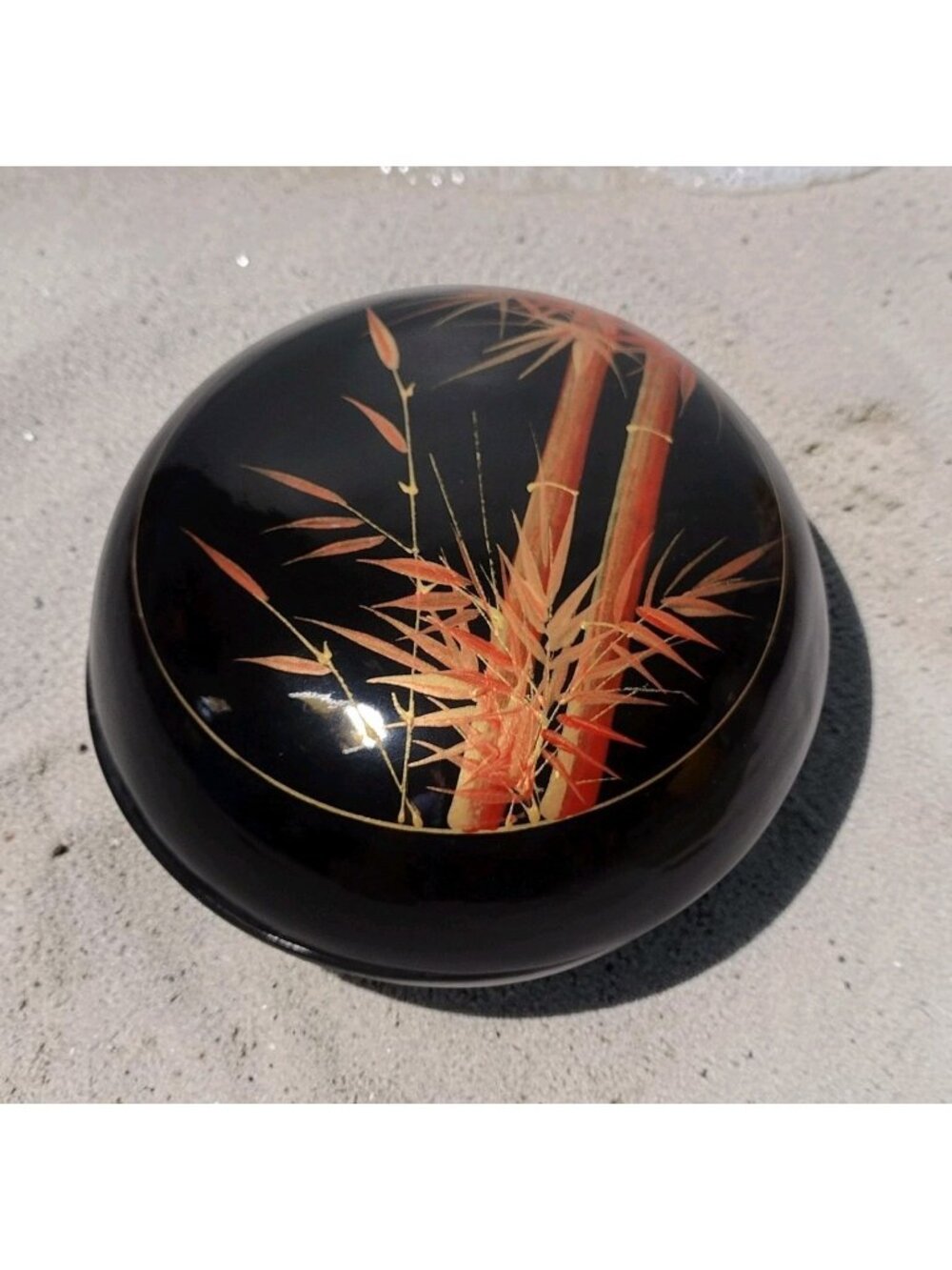 Japanese Lacquer Lidded Bamboo Trinket Box Vintage Handpainted Asian